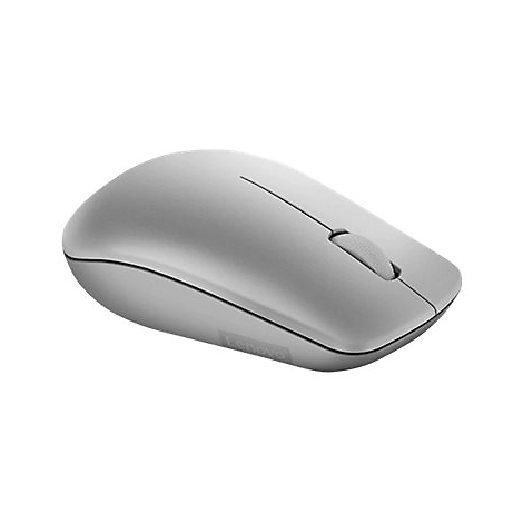 Eine elegante, graue, kabellose Lenovo Maus in einer 3/4 Ansicht vor weißem Hintergrund.