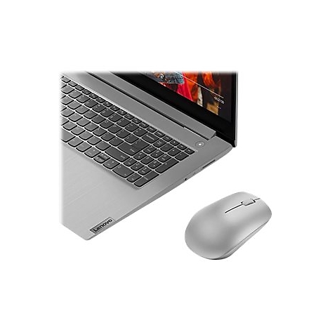Teilansicht eines grauen Lenovo Laptops mit Tastatur und eine daneben platzierte, farblich passende Funkmaus.