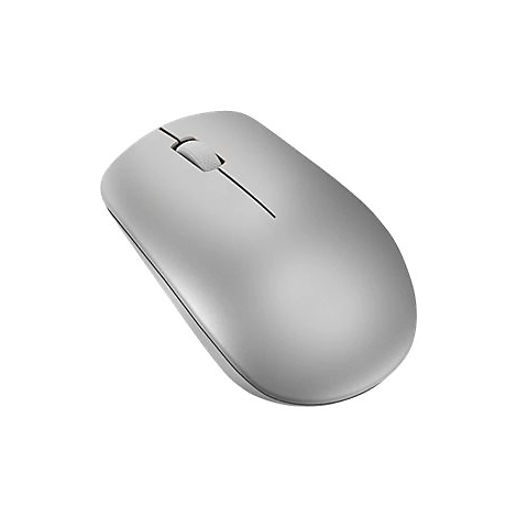 Eine minimalistische, graue kabellose Computermaus auf weißem Hintergrund.