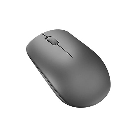 Eine dunkelgraue, kabellose Computermaus mit abgerundetem Design und zentralem Scrollrad.