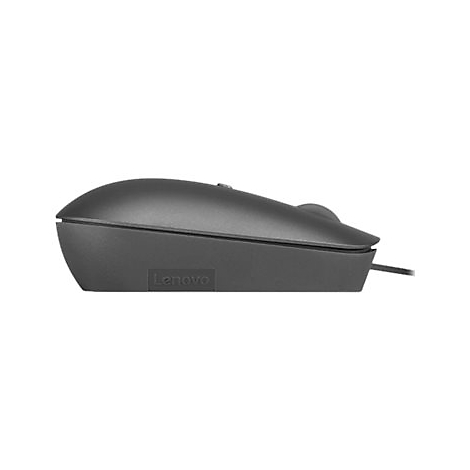 Graue Computermaus von Lenovo, seitlich gesehen, mit Kabel. Der obere Teil ist gewÃ¶lbt, darunter ein Logo.
