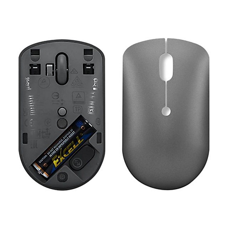 Dunkelgraue Computermaus von oben und unten mit eingelegter Batterie sichtbar.