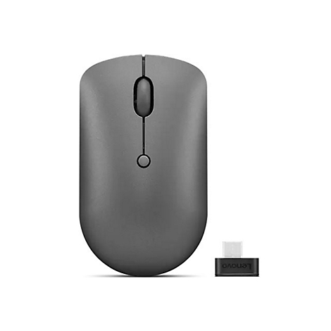 Dunkelgraue, kabellose Lenovo-Maus in Draufsicht mit USB-Empfänger auf weißem Hintergrund.