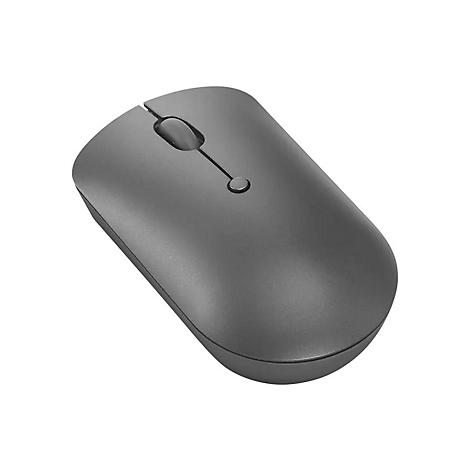 Dunkelgraue, minimalistische, kabellose Computermaus auf weißem Hintergrund.