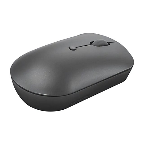 Dunkelgraue, kabellose Lenovo Computermaus in schlichtem, abgerundetem Design auf weißem Hintergrund.