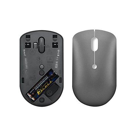 Drahtlose Maus, grauer Farbton, Ober- und Unterseite. Unterseite mit Batteriefach, 2 AA-Batterien sichtbar. Oberseite mit KnÃ¶pfen.