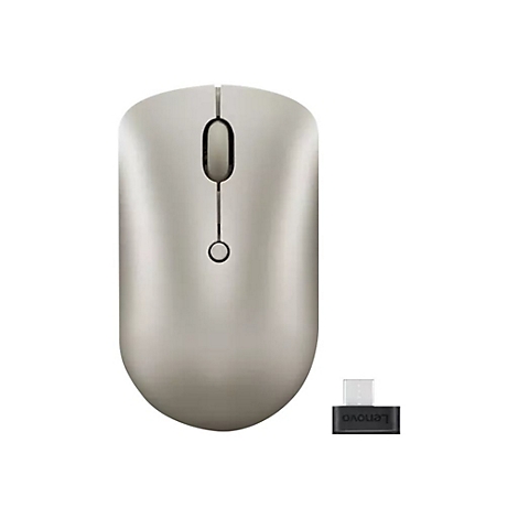 Eine elegante, sandfarbene Funkmaus von oben betrachtet, daneben ein kleiner USB-C-Empfänger mit Lenovo-Schriftzug.