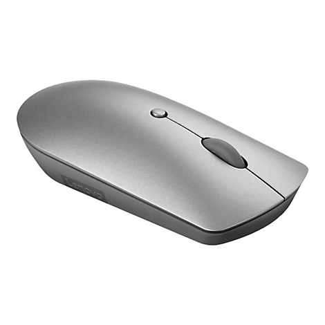Silberne Lenovo-Funkmaus in schlichtem, modernem Design vor weißem Hintergrund.