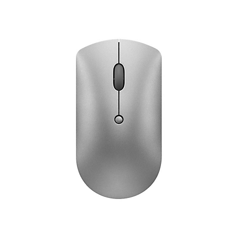 Silberne, minimalistische kabellose Computermaus vor weißem Hintergrund.