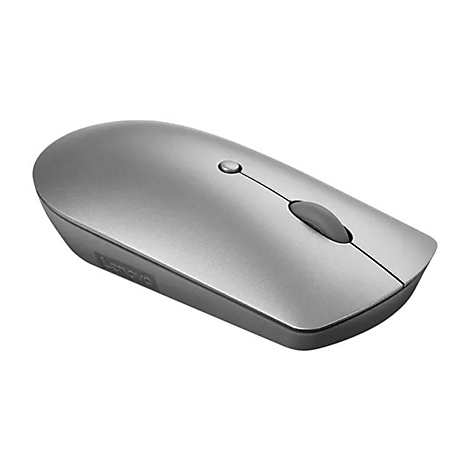 Silberne Lenovo Computermaus mit abgerundetem Design und grauem Scrollrad.