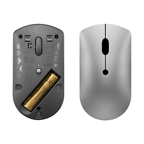 Draufsicht und Unterseite einer silbernen, minimalistischen Computermaus mit eingelegter Batterie.