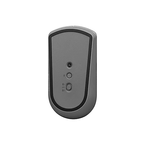 Unterseite einer grauen Computermaus mit Sensor, Bluetooth-Taste und einem Wahlschalter für zwei Geräte.