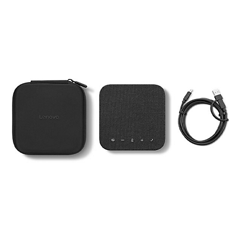 Dunkelgraues Lenovo-Konferenzsystem mit Etui, Gerät und Kabel vor weißem Hintergrund.