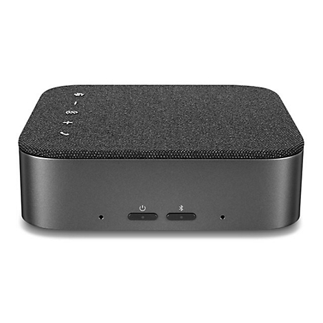 Dunkler Lautsprecher, rechteckig, mit grauer Textiloberfläche, darunter dunkelgraues Gehäuse. Oberseite: Bedienelemente, Gehäuse: Power- und Bluetooth-Tasten.