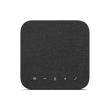 Ein quadratischer Lautsprecher aus dunklem Stoff. Auf der Oberfläche befinden sich Symbole: Mikrofon, Minus, Lautsprecher, Plus, Telefon.