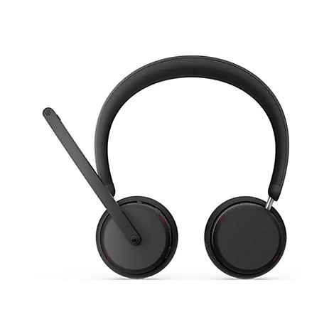 Schwarzes On-Ear-Headset mit verstellbarem Mikrofonarm vor weißem Hintergrund.