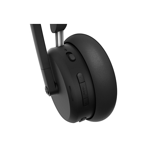 Nahaufnahme einer schwarzen Kopfhörermuschel mit Tasten für Bluetooth, Lautstärke und ANC-Funktion.