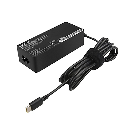 Ein schwarzes Lenovo-Netzteil mit Kabel und USB-C-Anschluss vor weißem Hintergrund.