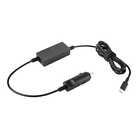 Schwarzes Lenovo-Autoladegerät mit Kabel. Der Stecker ist für den Zigarettenanzünder, der andere Anschluss USB-C.