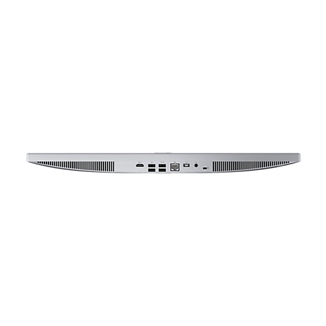 Rückseite eines silbernen Monitors mit zahlreichen Anschlüssen wie USB, HDMI und LAN vor weißem Hintergrund.