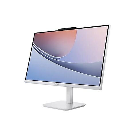 Weißer Lenovo-Monitor mit schlanken Rahmen, leicht angewinkelt, vor weißem Hintergrund. Bildschirm mit Wellenmuster.