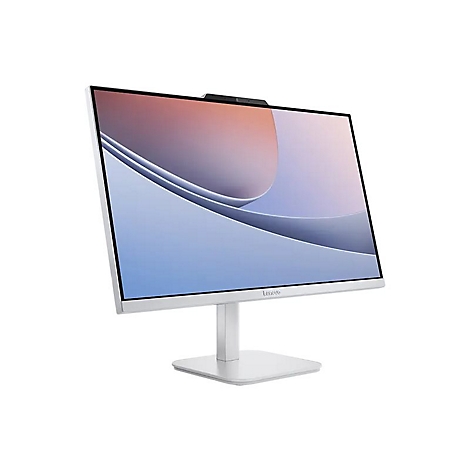 Weißer Lenovo-Monitor mit schlankem Design. Bildschirm zeigt eine blaue und rosafarbene Landschaft. Auf dem Monitor ist Lenovo-Logo zu sehen.