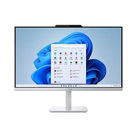 Ein weißer Lenovo-All-in-One-PC mit einem Windows-11-Desktop. Das Display zeigt eine Auswahl von Apps.