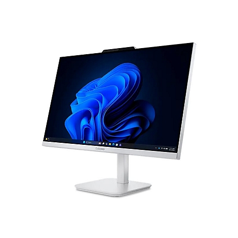 Ein weißer Lenovo All-in-One-PC vor weißem Hintergrund. Der Bildschirm zeigt ein blaues Hintergrundbild.