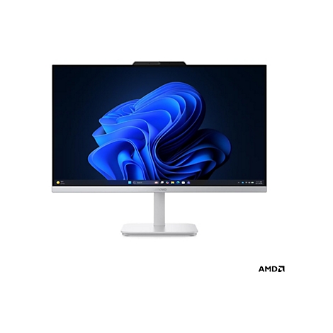 Ein silberner Lenovo All-in-One-PC mit Windows-Hintergrundbild. Das Display zeigt blaue Wirbel. Webcam oben.