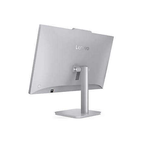 Rückansicht eines silberfarbenen Lenovo-Monitors mit Standfuß. Das Lenovo-Logo ist sichtbar.