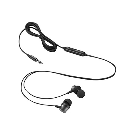 Schwarze In-Ear-Kopfhörer mit Kabel, Klinkenstecker und Fernbedienung. Die Kopfhörer liegen auf weißem Hintergrund.