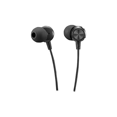 Zwei schwarze In-Ear-Kopfhörer mit schwarzen Kabeln. Der linke Hörer zeigt eine runde Silikon-Ohrmuschel, der rechte Hörer ist rund mit einer metallischen Abdeckung.