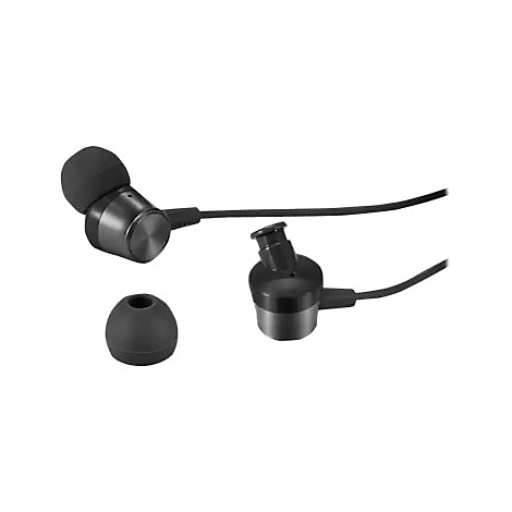 Nahaufnahme von schwarzen In-Ear-Kopfhörern mit Silikon-Ohrstöpseln. Teile des Kabels sind sichtbar.