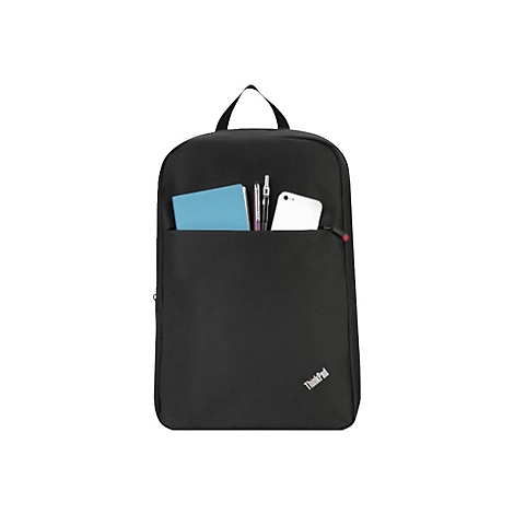 Sac à dos noir avec une petite poche contenant un bloc-notes, des stylos et un smartphone. Le sac à dos a une poignée et le logo ThinkPad.