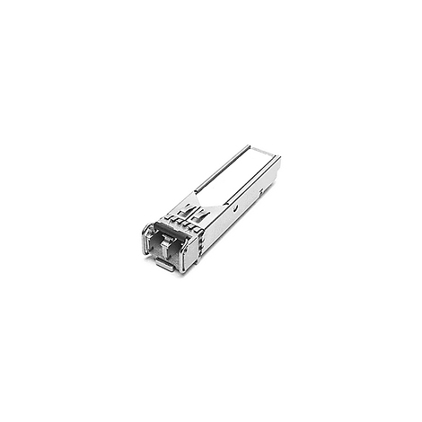 Ein silbernes SFP-Modul mit rechteckiger Form. Es hat mehrere Anschlüsse und einen Verschluss.