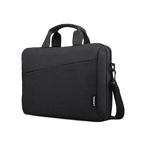 Schwarze Laptoptasche mit Tragegriff und Schultergurt, mit Lenovo-Logo.