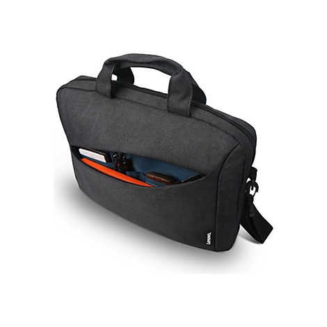 Dunkelgraue Laptoptasche mit offenem Fach. Orangefarbenes Detail im Fach, daneben Stifte und ein Smartphone.