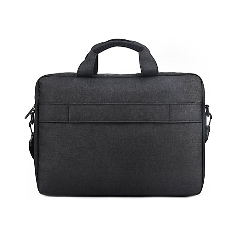 Schwarze Laptoptasche, rechteckig, mit Tragegriffen und Schulterriemen-Befestigung.