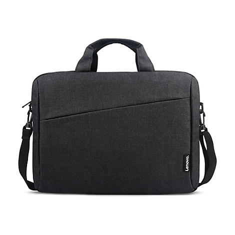 Dunkelgraue Laptoptasche mit Tragegriff und Schultergurt. Auf der Tasche ist "Lenovo" aufgedruckt.