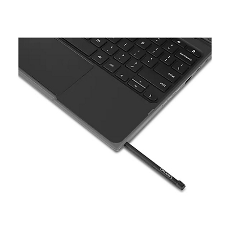 Nahaufnahme einer Lenovo-Laptop-Tastatur mit aus dem Gehäuse herausgezogenem Stylus-Stift.