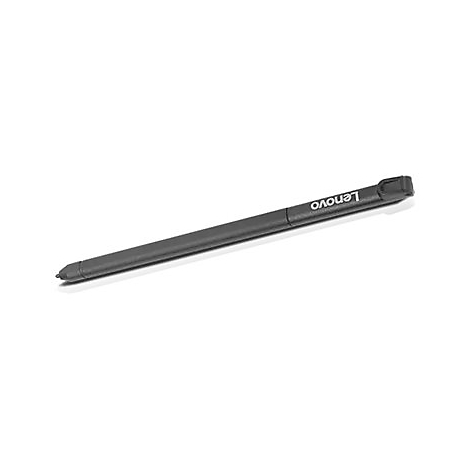 Ein schwarzer Lenovo Eingabestift liegt schräg vor weißem Hintergrund.