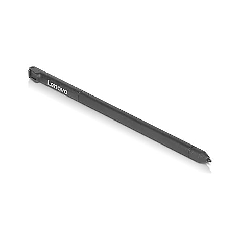 Schwarzer Lenovo Eingabestift mit Firmenlogo auf weißem Hintergrund.