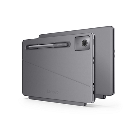 Zwei graue Lenovo Tablets mit Stift und 8-MP-Kamera in einem Stand-Case vor weißem Hintergrund.