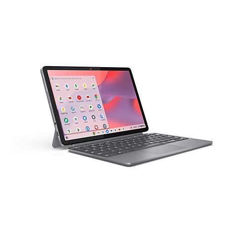 Ein graues Tablet mit angeschlossener Tastatur, das Apps zeigt. Auf dem Bildschirm: Gmail, Docs, YouTube, Chrome.