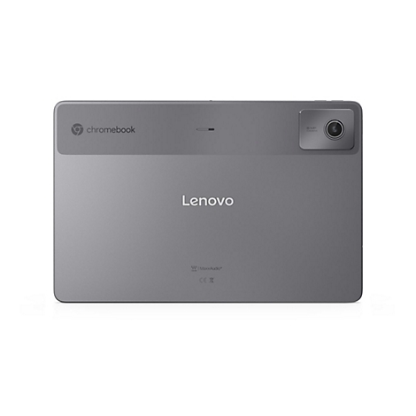 Graues Lenovo Chromebook-Tablet, Rückseite. Logo, Kamera, Text: Lenovo, MaxxAudio.