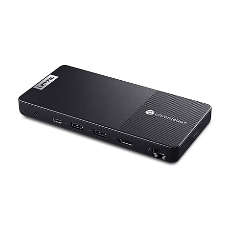 Schwarzer Lenovo Chromebox-Mini-PC. Oben links Lenovo-Logo. Unten diverse Anschlüsse. Rechts 'chromebox'.