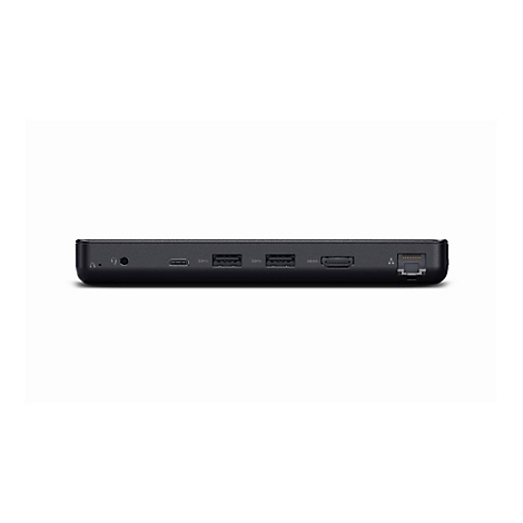 Schwarze Dockingstation mit verschiedenen Anschlüssen, wie USB-C, USB-A und HDMI.
