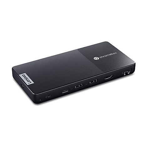 Schwarze Lenovo Chromebox. Auf der Oberseite: chromebox Logo. Auf der Seite: Lenovo-Logo und verschiedene Anschlüsse.
