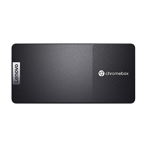 Schwarzer Lenovo Chromebox-Mini-PC mit Logo. Strukturierte Oberfläche, abgerundete Ecken, Chromebox-Logo.