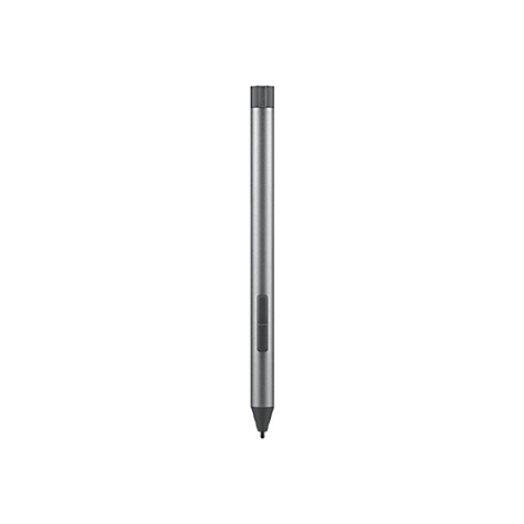 Ein schlanker, grauer Eingabestift für Tablets, senkrecht vor weißem Hintergrund.